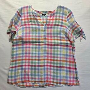 Talbots Tie Detail Pastel Plaid Split Neck Top Casual Linen Blouse Womens Large